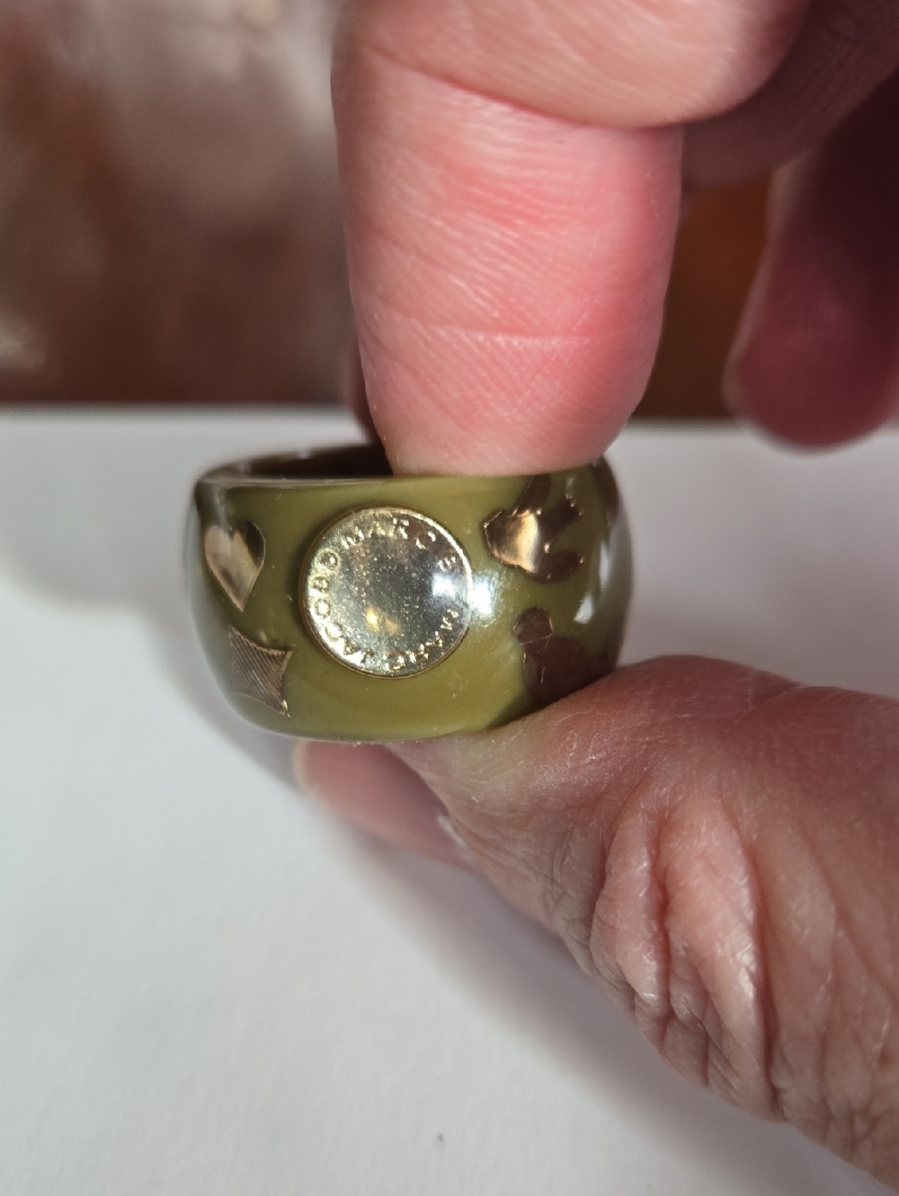 Marc Jacobs Olive Green Resin Ring with Gold Accents